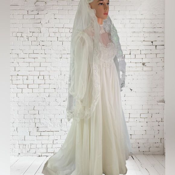 Vntg. Alfred Angelo Chiffon Wedding Dress High Neck Long Sleeves Bridal Gown - Picture 7 of 16